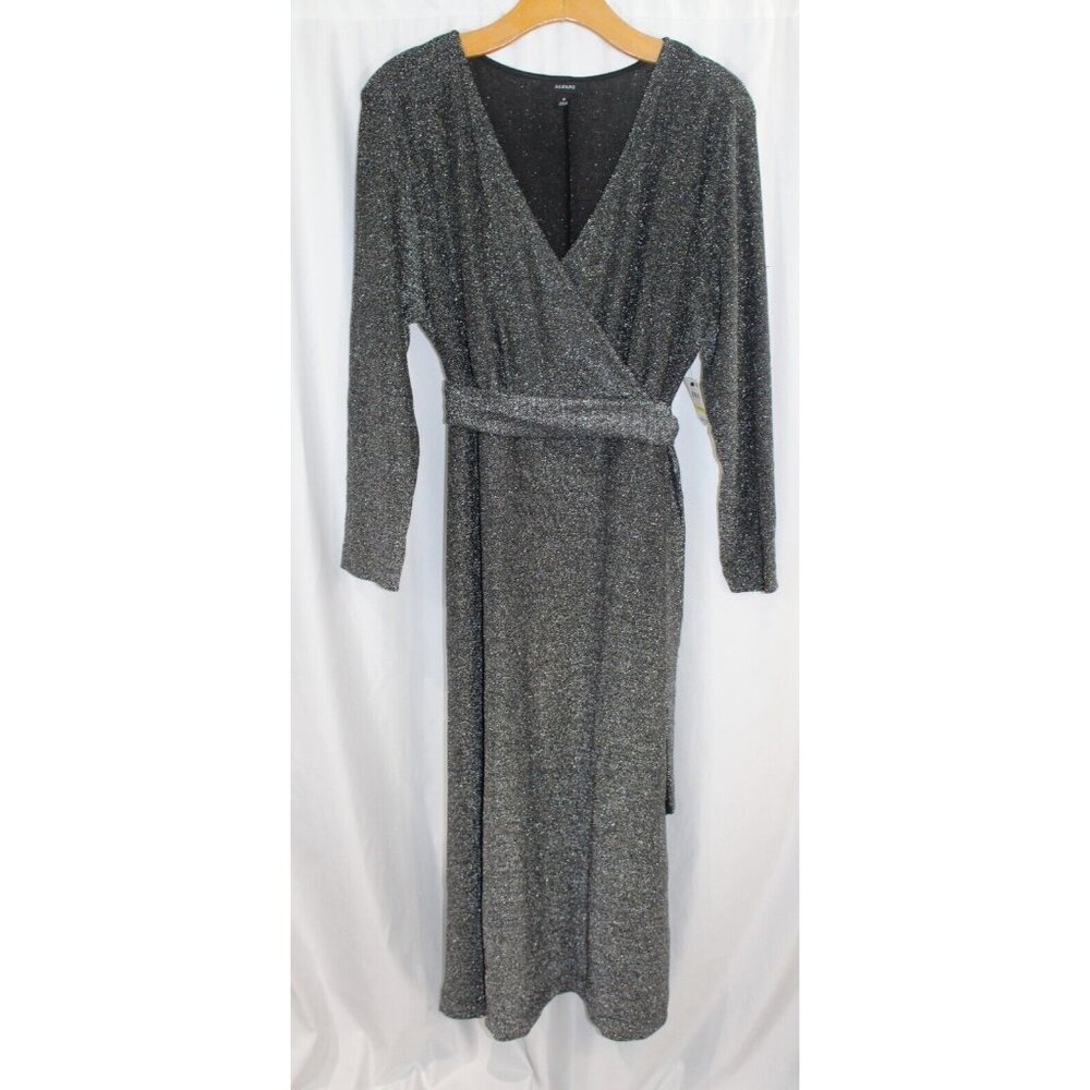 Alfani Womens Silver Long Sleeve Faux Wrap Belted Midi Dress M NWT
